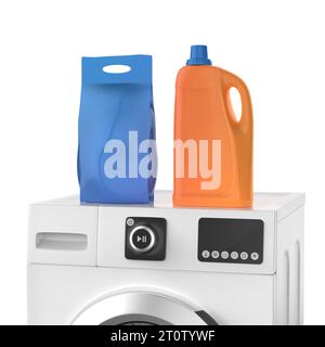 Modern washing machine with washing powder bag and plastic liquid detergent bottle Stock Photo