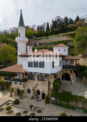 aerial top view of the palace nestled in the botanical garden in Balchik, Bulgaria. This historic landmark is a testament to the fusion of different c Stock Photo