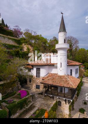 aerial top view of the palace nestled in the botanical garden in Balchik, Bulgaria. This historic landmark is a testament to the fusion of different c Stock Photo