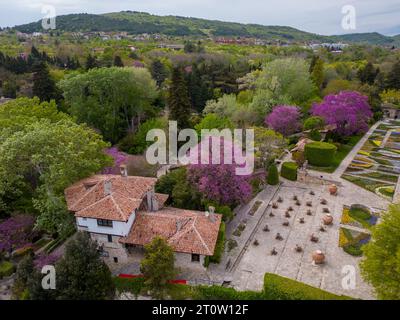 aerial top view of the palace nestled in the botanical garden in Balchik, Bulgaria. This historic landmark is a testament to the fusion of different c Stock Photo