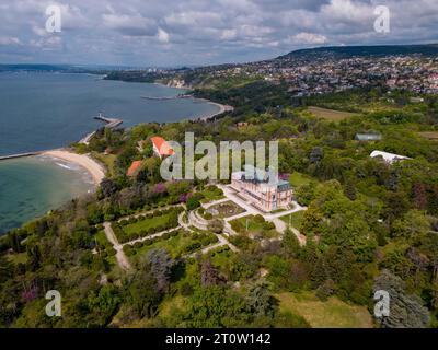 aerial top view of the palace nestled in the botanical garden in Balchik, Bulgaria. This historic landmark is a testament to the fusion of different c Stock Photo