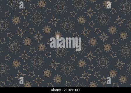 seamless New Year Eve golden pattern with fireworks and stars- vector illustration Stock Vector