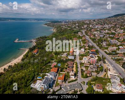 aerial top view of the palace nestled in the botanical garden in Balchik, Bulgaria. This historic landmark is a testament to the fusion of different c Stock Photo