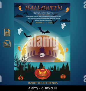 Horror night party poster design.Halloween night party flyer. Spooky,creepy,Haunted,witch,ghost,skeleton,scary,full moon,poster illustration. Stock Vector