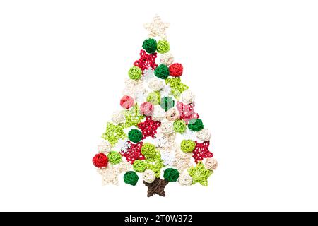 Isolated Christmas tree made from colored handmade ball decoration on colored background, view from above. New Year minimal concept . Stock Photo