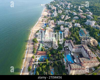 Aerial top view of the beach and hotels in Golden Sands, Zlatni Piasaci. Varna, Bulgaria Stock Photo