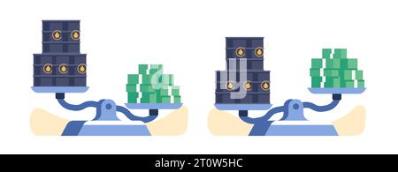Oil prices. Petroleum costs rising or falling. Petrol barrels on scale against dollars heap. Fuel value. Money banknotes stack. Imbalanced diesel Stock Vector