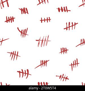 Seamless tally marks pattern. Repeating red time counting signs. Crossed out rough lines. Hand drawn primitive strokes. Simple mathematical score Stock Vector