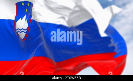 Slovenia national flag waving in the wind. Isolated on white background ...