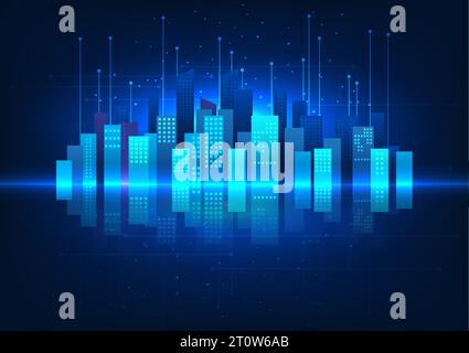 Smart City Technology The city has a reflection on the circuit behind it. It represents a smart city that has better facilities for people in the city Stock Vector