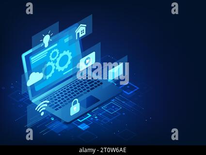 Computer technology Geared screen with holographic icons It refers to computer technology that can be used for working, learning, communicating, and s Stock Vector