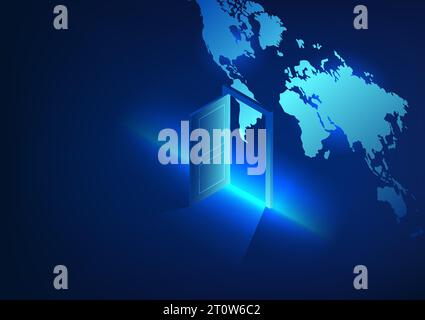 Door to the world of technology The door that opened was a world map. It refers to technology that allows access to learning information. Worldwide co Stock Vector