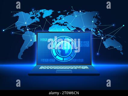 Computer technology The screen has a globe with a number code. On the back is a world map. A computer that users to access information all over the wo Stock Vector