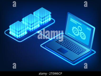 Computer technology The screen has gears that connect to the server. Refers to a computer that retrieves and stores large amounts of data via the inte Stock Vector