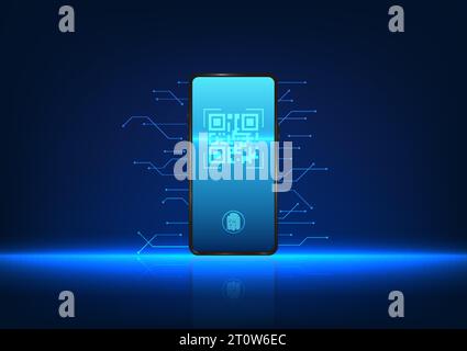 Smartphone technology scanning QR code The mobile phone has a QR code on the screen and a technology circuit on the back. Shows payment or access to d Stock Vector