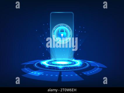Smartphone technology Mobile phone on technology circle with screen and lock. Mobile security system. Prevent data theft and loss. Stock Vector