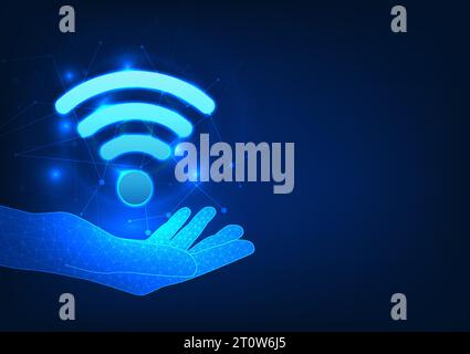 Wi-Fi technology Hand holding wifi icon It refers to people who use wireless internet signals. In communication, sending information, working through Stock Vector