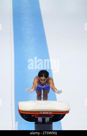 Antwerp, Belgium. 8th Oct, 2023. Jake Jarman of Britain competes during the Men's Vault Final of the 2023 World Artistic Gymnastics Championships in Antwerp, Belgium, Oct. 8, 2023. Credit: Zheng Huansong/Xinhua/Alamy Live News Stock Photo