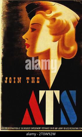 “Join the ATS”, “Ask for information at the nearest employment exchange or at any army or ATS recruiting office” Vintage World War II recruitment poster for the Auxiliary Territorial Service (ATS). The poster has a black background with a large hand pointing towards the text ‘Join the ATS’. The bottom of the poster has smaller text that reads ‘Ask for information at the nearest employment exchange or at any army or ATS recruiting office’.” Stock Photo