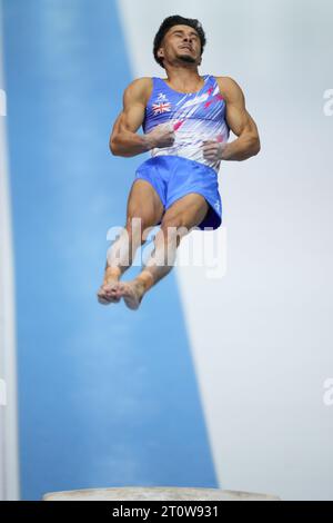 Antwerp, Belgium. 8th Oct, 2023. Jake Jarman of Britain competes during the Men's Vault Final of the 2023 World Artistic Gymnastics Championships in Antwerp, Belgium, Oct. 8, 2023. Credit: Zheng Huansong/Xinhua/Alamy Live News Stock Photo