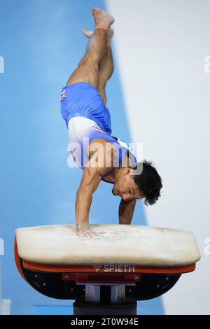 Antwerp, Belgium. 8th Oct, 2023. Jake Jarman of Britain competes during the Men's Vault Final of the 2023 World Artistic Gymnastics Championships in Antwerp, Belgium, Oct. 8, 2023. Credit: Zheng Huansong/Xinhua/Alamy Live News Stock Photo