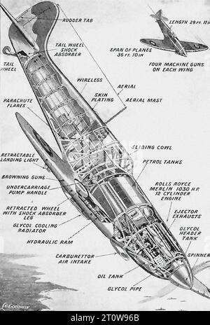 Illustrated Armament Description, British Newspaper - United Kingdom, Second World War : The image is a black and white illustration of a vintage airplane. The airplane, shown in a side view with the nose pointing towards the top right corner of the image, has four wings, two on each side, with the top wings being longer than the bottom ones. The body of the airplane is long and narrow with a pointed nose and a tail section with a rudder. The airplane has two sets of wheels, one at the front and one at the back. Various labels and annotations on the image point out different parts of the airpl Stock Photo