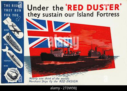 British propaganda , World War II era - “The risks they run for you. Bomb. Shell. Torpedo. Mine. Under the ‘Red Duster’ they sustain our Island.”  Vintage poster or advertisement with a red, white, and blue color scheme. The poster is divided into two sections. The left section is white with black text and illustrations. The right section is red with a large Union Jack flag and a black and white illustration of a ship. The text on the left side of the poster reads “The risks they run for you” and lists various types of bombs and mines. The text on the right side of the poster reads “Under the Stock Photo