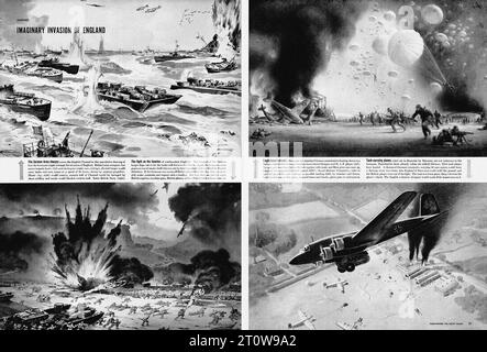 Illustrated Armament Description, British Newspaper - United Kingdom, Second World War : The image is a black and white compilation of four illustrations depicting an imaginary invasion of England. The illustrations, arranged in a 2x2 grid, depict various scenes. The top left illustration presents a fleet of ships approaching the shore. The top right illustration portrays a battle scene complete with soldiers, horses, and explosions. The bottom left illustration captures a large explosion in a city, while the bottom right illustration features a fighter plane flying over a city. Accompanying t Stock Photo