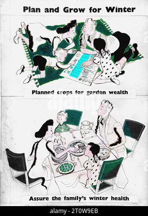 British propaganda , World War II era - “Plan and Grow for Winter. Assure the family’s winter health. Planned crops for garden wealth.”  “This is a British propaganda poster from World War II. It features two illustrations in a graphic style. The top illustration shows a family planning their garden for the winter, while the bottom illustration shows the family enjoying the fruits of their labor. The text encourages families to plan and grow their own food to ensure their health during the winter months.” Stock Photo