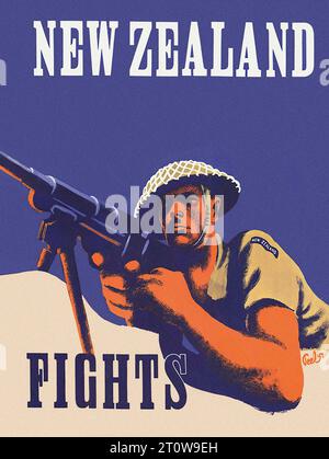 British propaganda , World War II era - “NEW ZEALAND FIGHTS”  This is a vintage World War II propaganda poster, predominantly blue, featuring a soldier in a khaki uniform and a white helmet holding a rifle in the foreground. The text “NEW ZEALAND FIGHTS” is written in white block letters above the soldier. The poster is designed in a graphic style typical of the era. Stock Photo