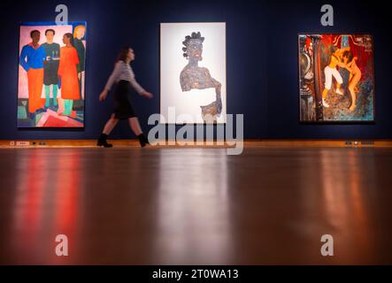 Christie's, London, UK. 6th Oct, 2023. Highlights from 20th/21st Century: London Evening Sale on 13 October (left to right): Sahara Longe (b.1994), Party Scene, est £40,000-60,000; Amoako Boafo (b.1940), Soleita, est £200,000-300,000; Jenna Gribbon (b.1978), Pollyanna Wrestlers, est £80,000-120,000. Stock Photo