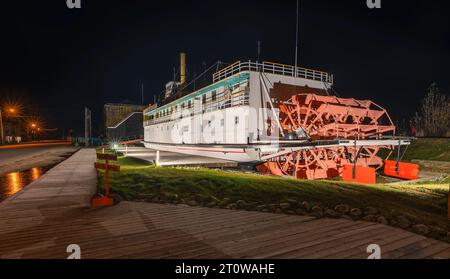 Night view of a historic River Boat (Keno) on Front Street in Dawson City, Yukon, Canada Stock Photo