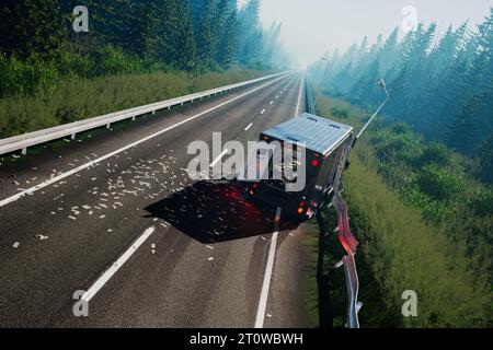 Demolished armored truck on the roadside. A vehicle hit in the crash barrier. Thieves destroyed doors and money flew all over the road from the opened Stock Photo