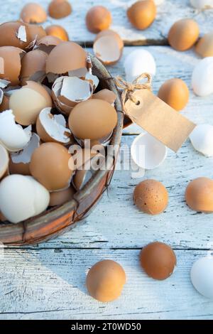 10 February 2023: Easter, broken eggs shells on light wood in a basket *** Ostern, zerbrochene Eier Schalen auf hellem Holz in einem Korb Stock Photo