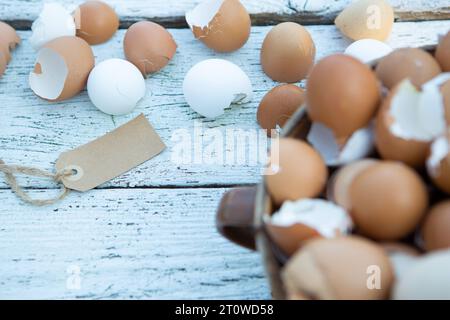 10 February 2023: Easter, broken eggs shells on light wood in a basket *** Ostern, zerbrochene Eier Schalen auf hellem Holz in einem Korb Stock Photo