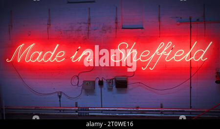 Made in Sheffield, red neon sign, Kelam Island, Sheffield, South Yorkshire, England, UK, S3 8RD Stock Photo