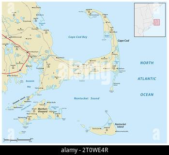 Cape Cod, Martha's Vineyard, and Nantucket Map, Massachusetts, USA Stock Photo