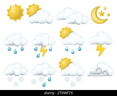 Set of 3d render meteorology icons. Weather conditions and various forecast icons. Vector illustration. Eps 10. Stock Vector