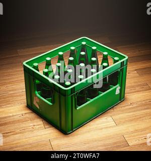 A green crate full of beer bottles standing in a spotlight on a wooden floor. Stock Photo