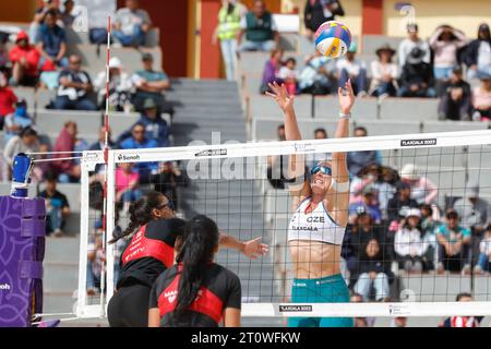 Tlaxcala, Mexico. 08th Oct, 2023. October 8, 2023, Tlaxcala, Mexico: Marií-Sárou Štochlová (2) of Czech Republic competes against Morocco team during the Women's Czech Republic vs Morocco match of the Beach Volleyball World Cup. on October 8, 2023 in Tlaxcala, Mexico. (Photo by Essene Hernandez/ Eyepix Group/Sipa USA) Credit: Sipa USA/Alamy Live News Stock Photo