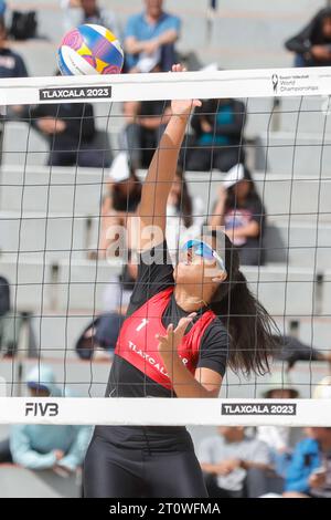 Tlaxcala, Mexico. 08th Oct, 2023. October 8, 2023, Tlaxcala, Mexico: Imane Zeroual of Morocco (1) competes against Czech Republic team during the Women's Czech Republic vs Morocco match of the Beach Volleyball World Cup. on October 8, 2023 in Tlaxcala, Mexico. (Photo by Essene Hernandez/ Eyepix Group/Sipa USA) Credit: Sipa USA/Alamy Live News Stock Photo