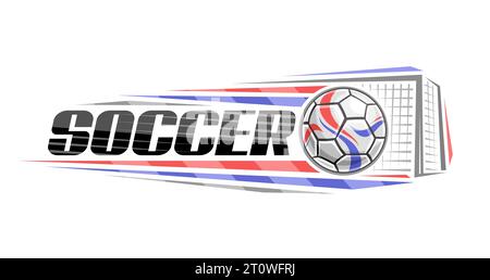 Vector logo for Soccer, decorative horizontal banner with outline illustration of red and blue soccer ball, flying on trajectory in goal on white back Stock Vector