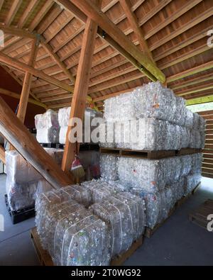 Waste recycling centre with crushed plastic bottles. Kamikatsu Zero Waste Centre and Y hotel, Kamikatsu, Japan. Architect: Hiroshi Nakamura , 2020. Stock Photo