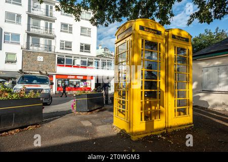 Guernsey, October 3rd 2023: Yellow telephone boxes in St Peter Port Stock Photo