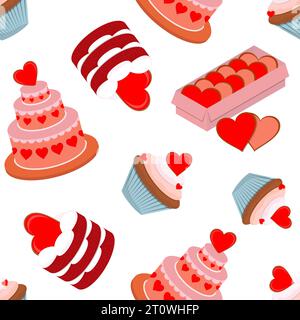 Vector seamless pattern. Sweet desserts for Valentine s Day. Cakes, cupcakes, cakes, cookies. Stock Vector