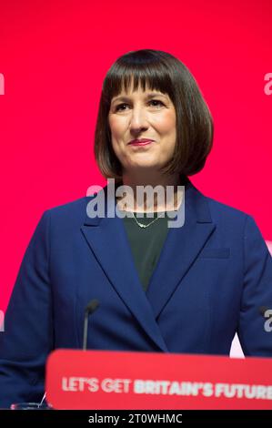 Liverpool, UK. 09th Oct, 2023. Rachel Reeves, Shadow Chancellor, Labour party delivers her speech on opening day of Labour party conference in Liverpool. (Terry Scott / SPP) Credit: SPP Sport Press Photo. /Alamy Live News Stock Photo