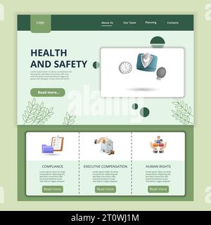 Health and safety flat landing page website template. Compliance, executive compensation, human rights. Web banner with header, content and footer Stock Vector