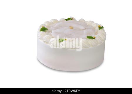Homemade coconut cake on white isolated background with clipping paths. Plain sponge cake frosting with young coconut pudding sauce. Bakery concept fo Stock Photo