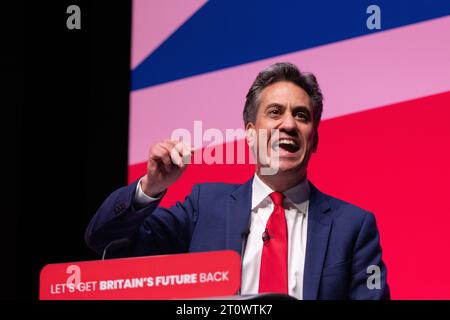 Liverpool, UK. 09th Oct, 2023. Ed Miliband Shadow Secretary of State for Energy Security and Net Zero speech, on the  2nd day of Labour Conference. 2023.Liverpool UK.   Credit: GaryRobertsphotography/Alamy Live News Stock Photo