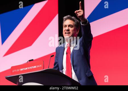 Liverpool, UK. 09th Oct, 2023. Ed Miliband Shadow Secretary of State for Energy Security and Net Zero speech, on the  2nd day of Labour Conference. 2023.Liverpool UK.   Credit: GaryRobertsphotography/Alamy Live News Stock Photo